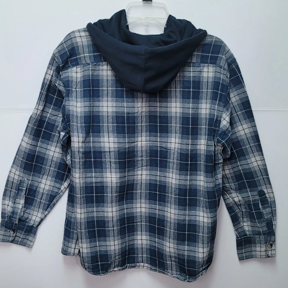 AZUR Hommes Plaid Flannel Hooded Shirt Blue White LongSleeve M Work Grunge Retro